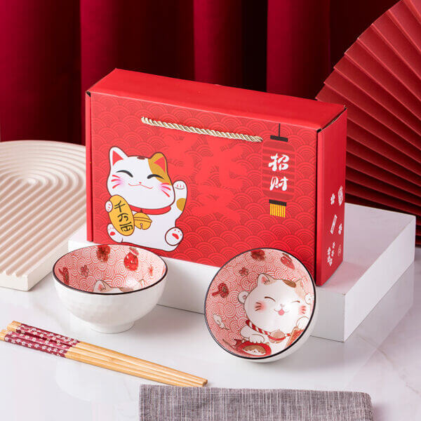 Set of 2 Fortune Cat Rice Bowls Gift Set - Image 3