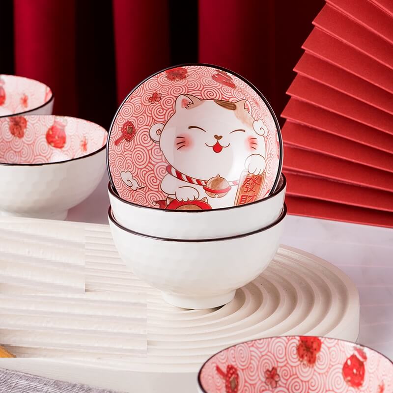 Set of 6 Japanese Chinese Fortune Cat Rice Bowls Gift Set