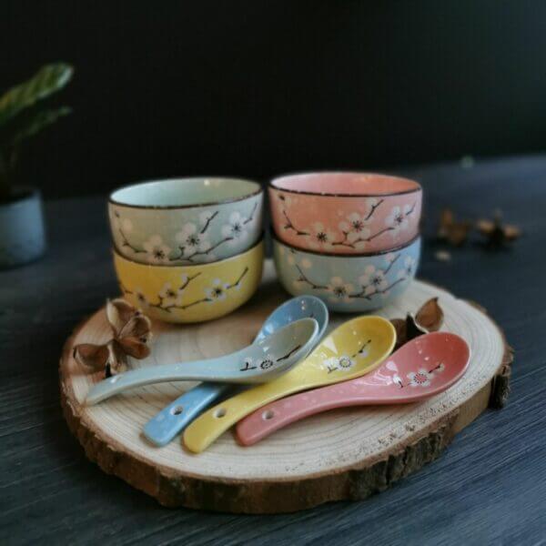 Set of 4 Japanese-Chinese Style Rice Bowls + 4 Spoons with Beautiful Gift Box - Image 3