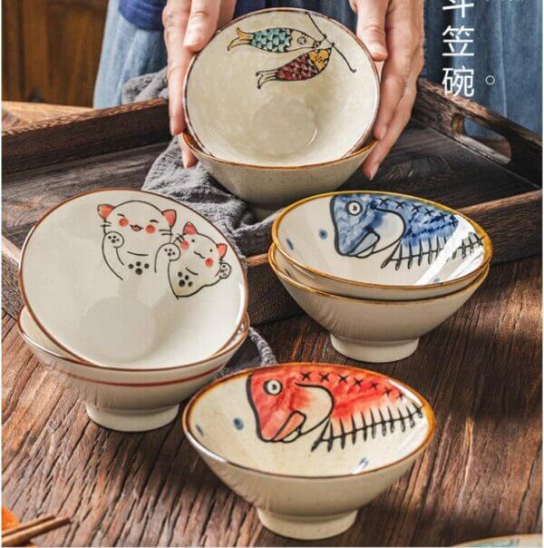 Large Ceramic Ramen Bowl Fortune Cat Fish Japanese Noodles Bowls Dinner Sets for Pasta Soup Pho Mixing Salad Dishes Snack Cereal with Spoon Chopsticks 900ml-Set of 4 - Image 2