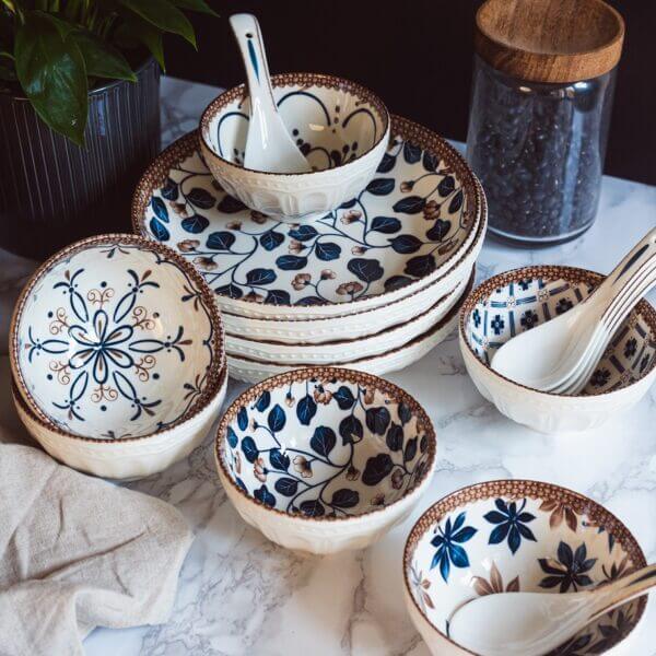 Bohemian Style Rice Bowls Plates Spoons Dinnerware Gift Set-16 Pieces - Image 2