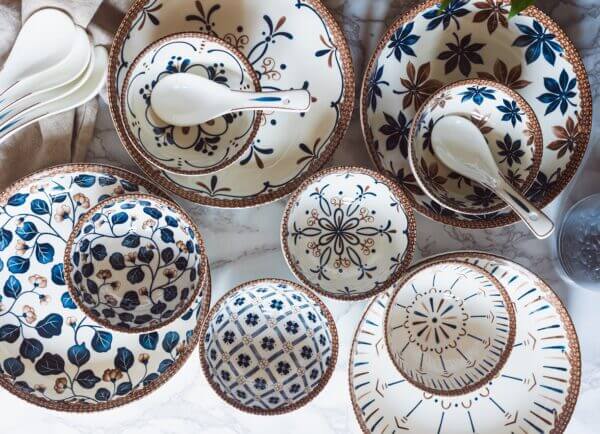 Bohemian Style Rice Bowls Plates Spoons Dinnerware Gift Set-16 Pieces - Image 3