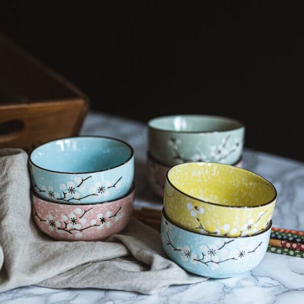 Japanese-Chinese Spring Blossom Rice Bowls & Chopsticks Gift Set - Set of 6 - Image 3