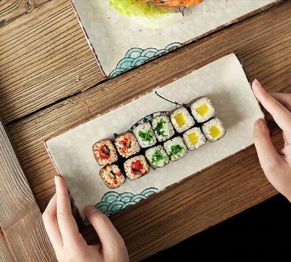 Japanese Style Blue Fish Ceramic Sushi Serving Platter Rectangular Sushi Plate - Image 2