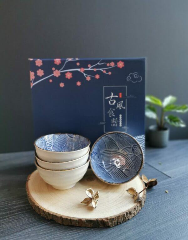 Japanese-Chinese Style Rice Bowls + Chopsticks Set of 4 - Image 2