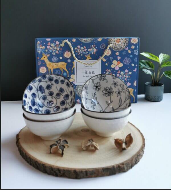 Set of 6 Blue Japanese Chinese Style Rice Bowl Gift Set - Image 3
