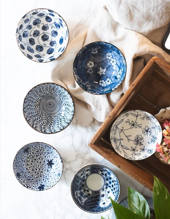 Set of 6 Blue Japanese Chinese Style Rice Bowl Gift Set