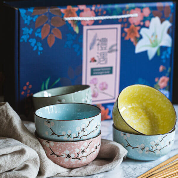 Japanese-Chinese Spring Blossom Rice Bowls & Chopsticks Gift Set - Set of 6