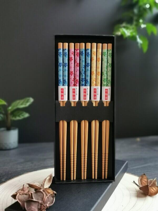5 Pairs Set Blossom Japanese Chinese Style Wood Chopsticks with Gift box