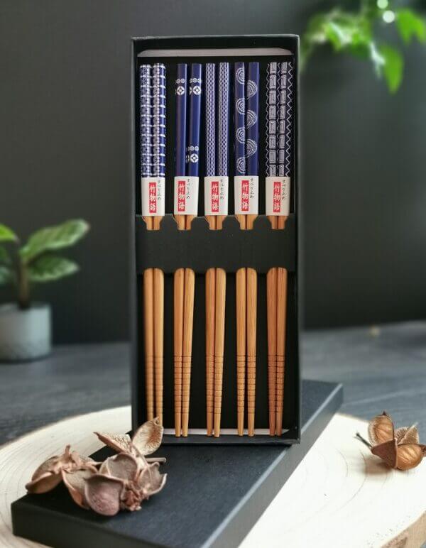 5 Pairs Set Blue Japanese Chinese Style Wood Chopsticks with Gift box