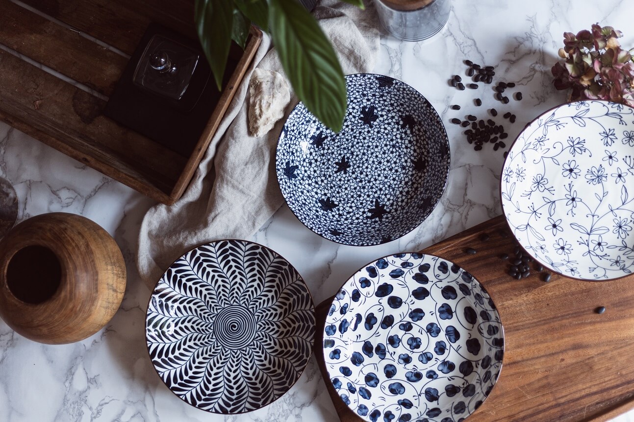 Japanese-Chinese Ceramic Round Plate Set- 4 Pieces Set