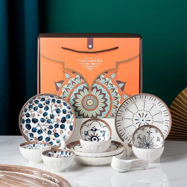 Bohemian Style Rice Bowls Plates Spoons Dinnerware Gift Set-16 Pieces