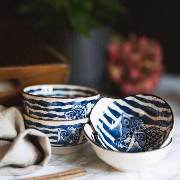 Japanese Chinese Style Carp Rice Bowl Gift Set-6 pieces set - Image 2