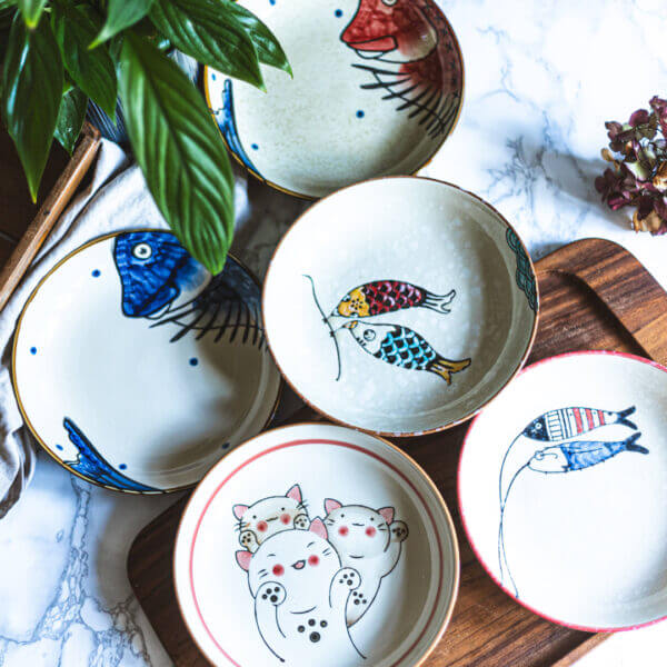 Japanese Chinese Ceramic Round Plate Gift Set - Set of 5