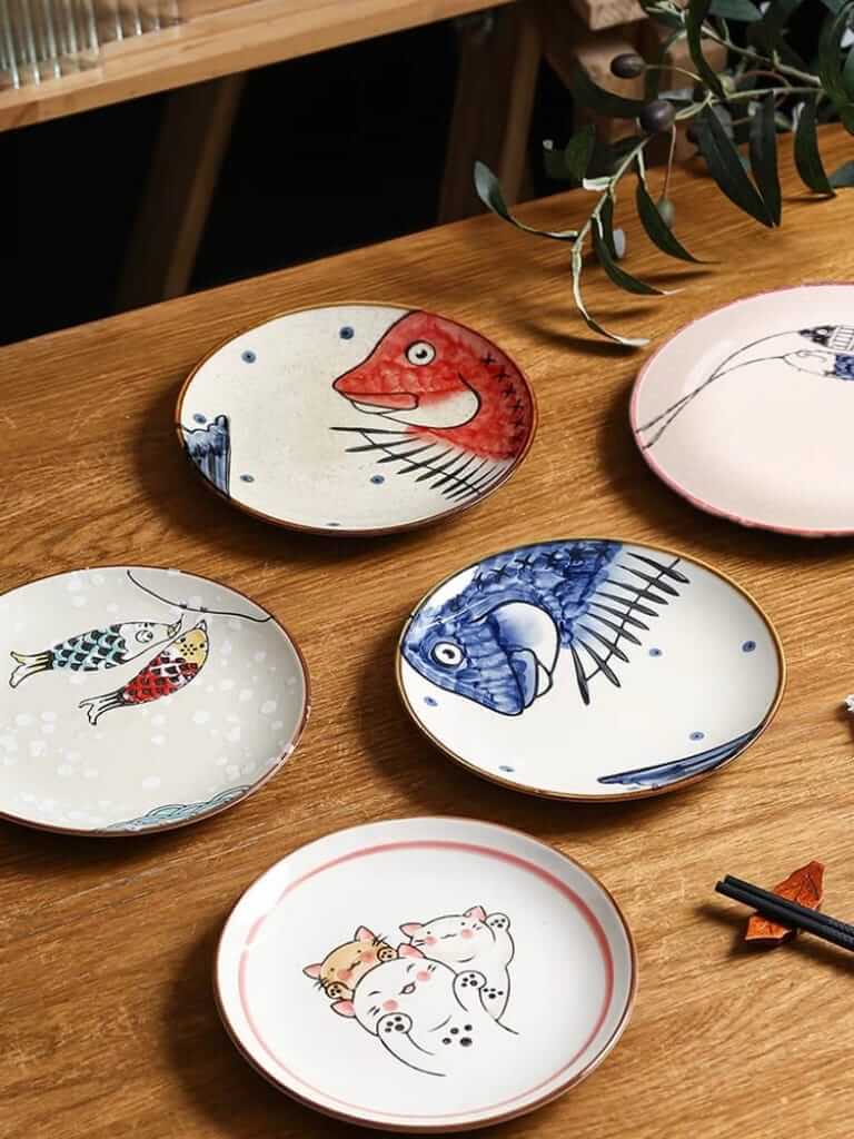 Japanese Chinese Ceramic Round Plate Gift Set – Set of 5