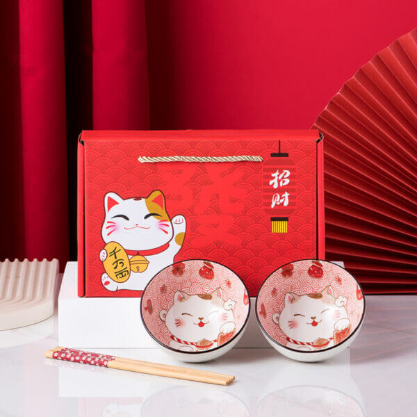 Set of 2 Fortune Cat Rice Bowls Gift Set