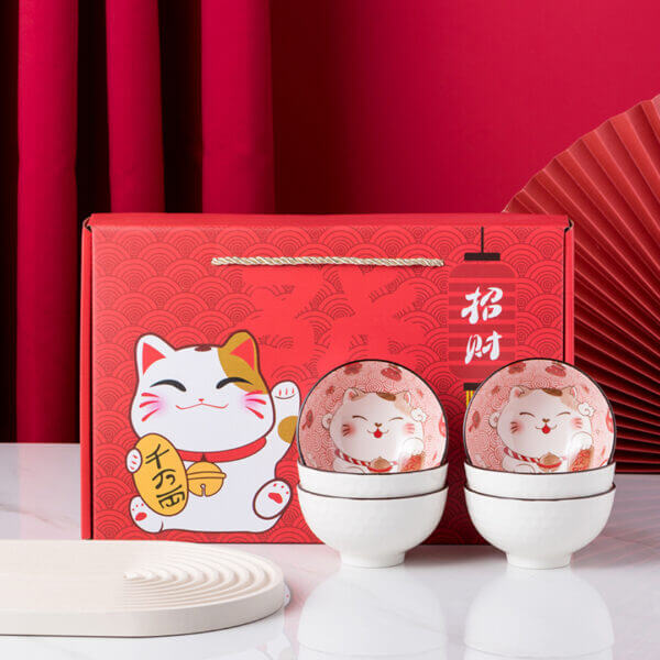 Set of 6 Japanese Chinese Fortune Cat Rice Bowls Gift Set