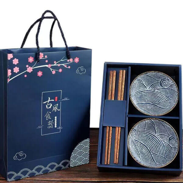 Set of 2 Japanese Chinese Style Rice Bowls & Chopsticks Gift Set
