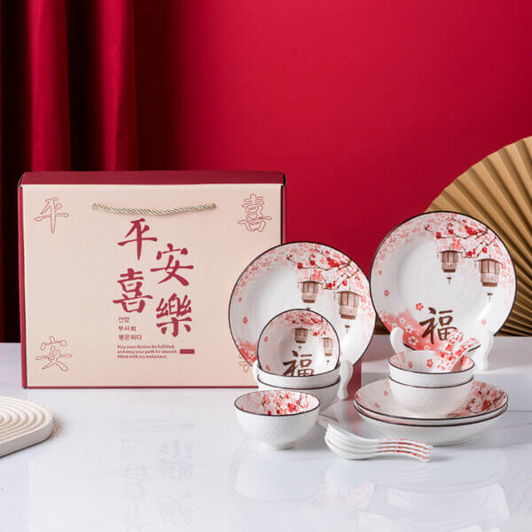 Japanese-Chinese Ceramic Bowls Plates Spoons Dinnerware Gift Set -16 Pieces Set