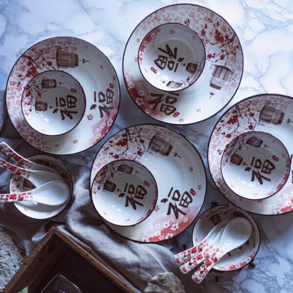 Japanese-Chinese Ceramic Bowls Plates Spoons Dinnerware Gift Set -16 Pieces Set - Image 3