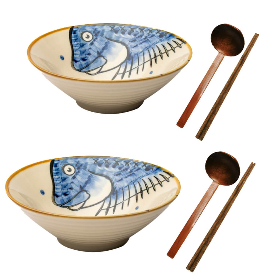Large Ceramic Ramen Bowl Blue Fish Japanese Noodles Bowls Dinner Sets for Pasta Soup Pho Mixing Salad Dishes Snack Cereal with Spoon Chopsticks 900ml-Set of 2