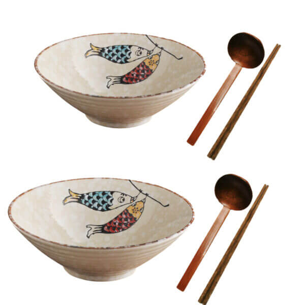 Large Ceramic Ramen Bowl Double Fish Japanese Noodles Bowls Dinner Sets for Pasta Soup Pho Mixing Salad Dishes Snack Cereal with Spoon Chopsticks 900ml-Set of 2