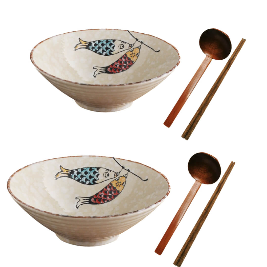 Large Ceramic Ramen Bowl Double Fish Japanese Noodles Bowls Dinner Sets for Pasta Soup Pho Mixing Salad Dishes Snack Cereal with Spoon Chopsticks 900ml-Set of 2
