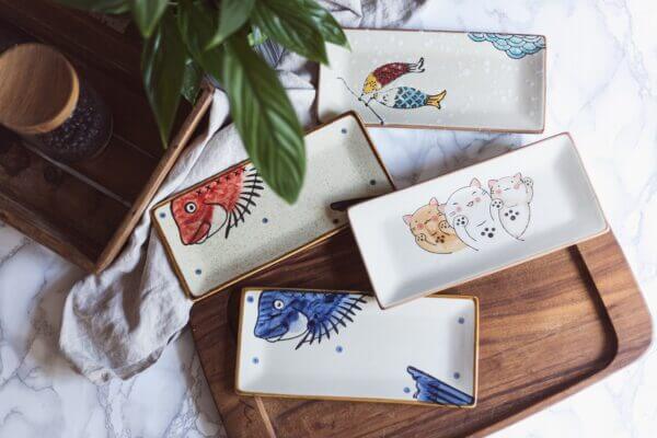 Japanese Style Fortune Cat Fish Style Ceramic Sushi Serving Platter Rectangular Sushi Plate-Set of 4 - Image 2