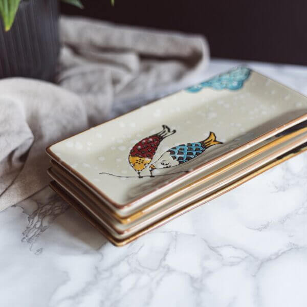 Japanese Style Fortune Cat Fish Style Ceramic Sushi Serving Platter Rectangular Sushi Plate-Set of 4 - Image 3