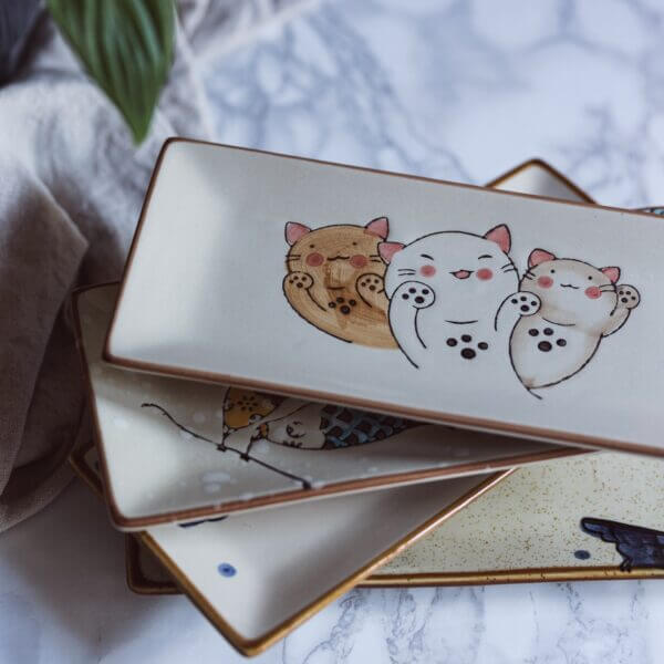 Japanese Style Fortune Cat Fish Style Ceramic Sushi Serving Platter Rectangular Sushi Plate-Set of 4 - Image 4