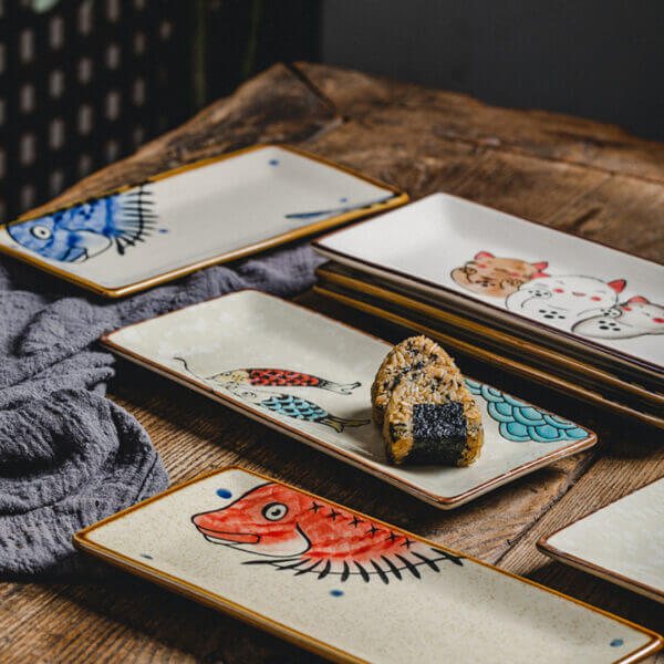 Japanese Style Fortune Cat Fish Style Ceramic Sushi Serving Platter Rectangular Sushi Plate-Set of 4