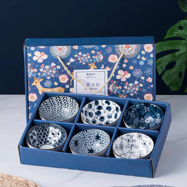 Set of 6 Blue Japanese Chinese Style Rice Bowl Gift Set
