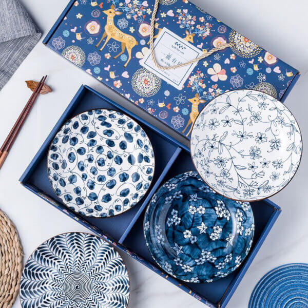 Japanese-Chinese Ceramic Round Plate Set- 4 Pieces Set
