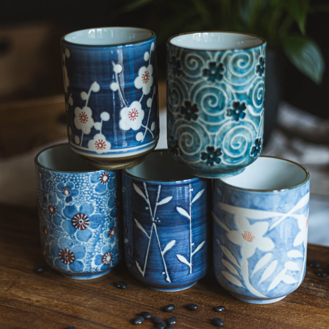 Set of 5 Japanese Teacup Ceramic Tea Cup Mug Japanese Traditional Flower Design
