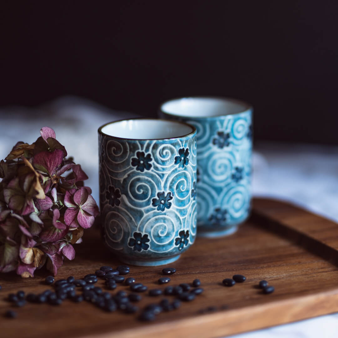 Set of 2 Japanese Teacup Ceramic Tea Cup Mug Japanese Traditional Flower Design