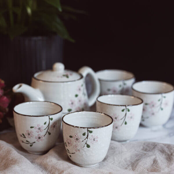Japanese Chinese Blossom Teapot & 5 Teacups Set with Stainless Steel Infuser