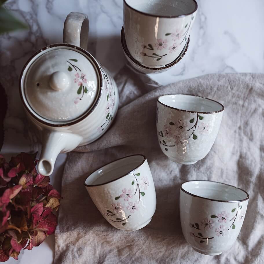 Japanese Chinese Blossom Teapot & 5 Teacups Set with Stainless Steel Infuser